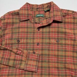 Orvis Shirt Mens Medium Orange Red Plaid Perfect Flannel 100%‎ Cotton Button Up